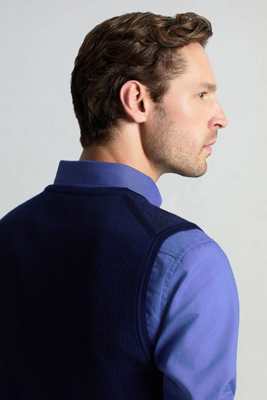 Merino Yün Baklava Desen Koyu Mavi Yelek