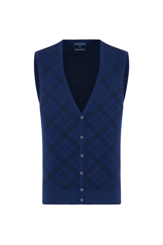 Merino Yün Baklava Desen Koyu Mavi Yelek