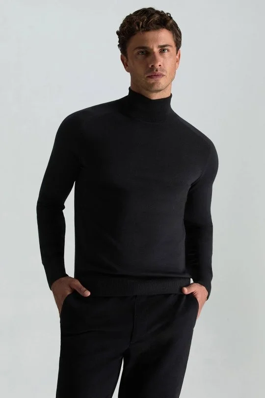 Hemington - Boğazlı Slim Fit Siyah Merino Yün Triko