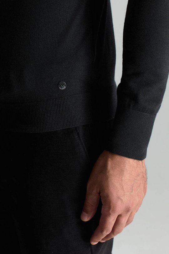 Boğazlı Slim Fit Siyah Merino Yün Triko