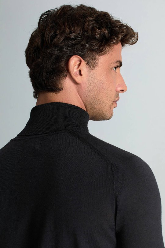 Boğazlı Slim Fit Siyah Merino Yün Triko