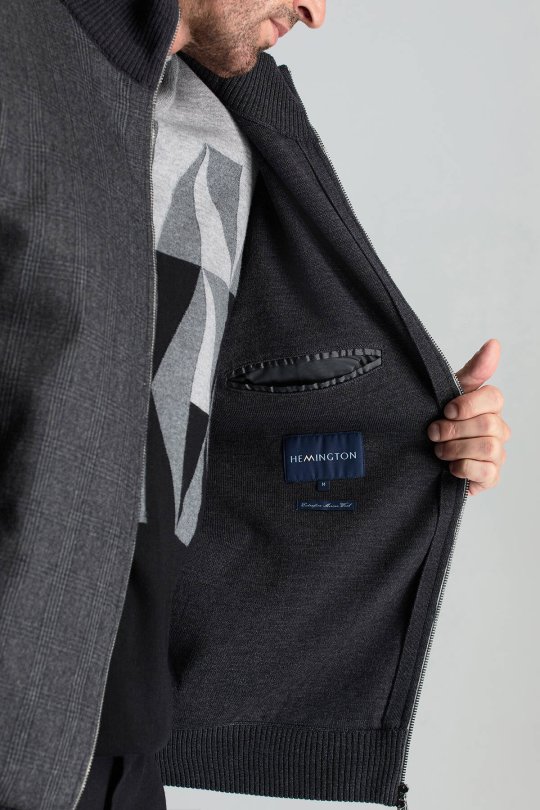 Merino Yün Ekose Desen Antrasit Business Triko Ceket