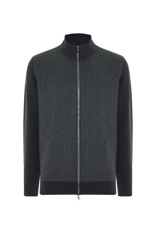 Merino Yün Ekose Desen Antrasit Business Triko Ceket