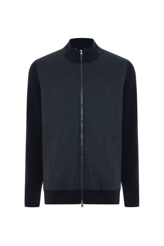 Merino Yün Ekose Desen Lacivert Business Triko Ceket