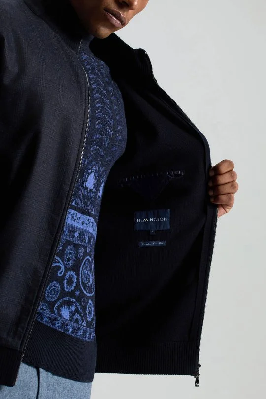 Hemington - Merino Yün Ekose Desen Lacivert Business Triko Ceket (5)