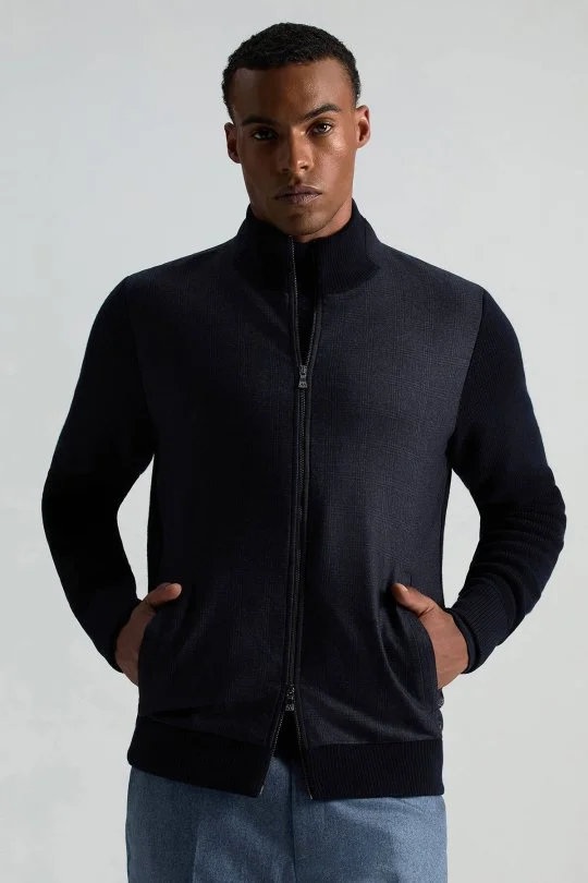 Hemington - Merino Yün Ekose Desen Lacivert Business Triko Ceket