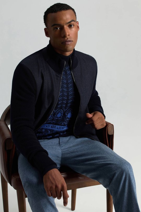Merino Yün Ekose Desen Lacivert Business Triko Ceket