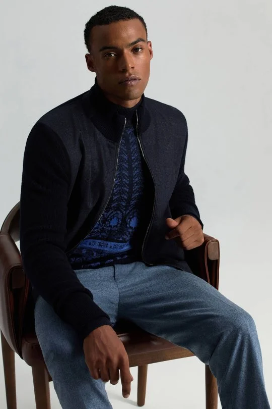 Hemington - Merino Yün Ekose Desen Lacivert Business Triko Ceket (1)