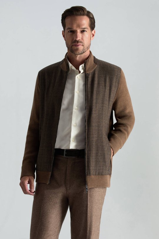 Merino Yün Ekose Desen Tütün Rengi Business Triko Ceket