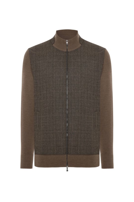 Merino Yün Ekose Desen Tütün Rengi Business Triko Ceket