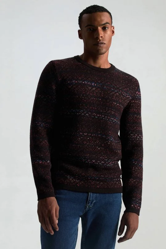 Hemington - Merino Yün Etnik Desen Bisiklet Yaka Koyu Kahverengi Kazak