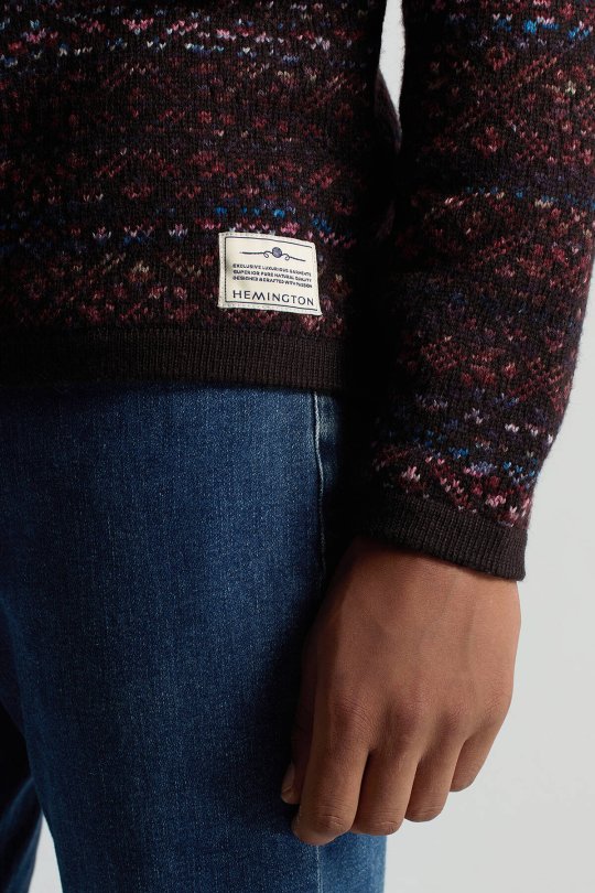 Merino Yün Etnik Desen Bisiklet Yaka Koyu Kahverengi Kazak