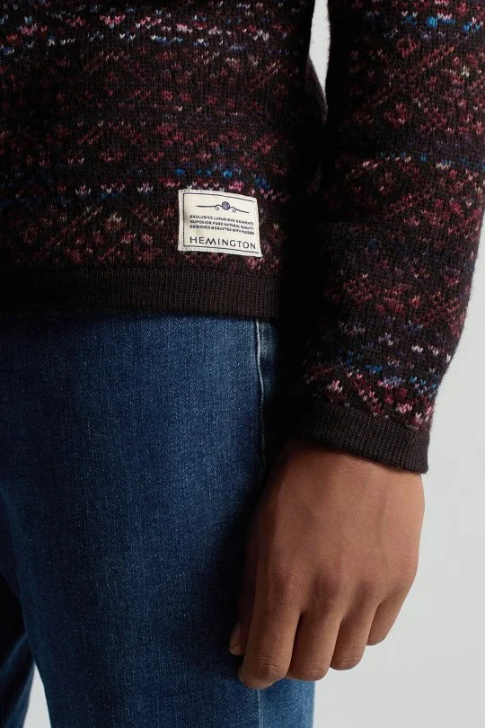 Hemington - Merino Yün Etnik Desen Bisiklet Yaka Koyu Kahverengi Kazak (3)