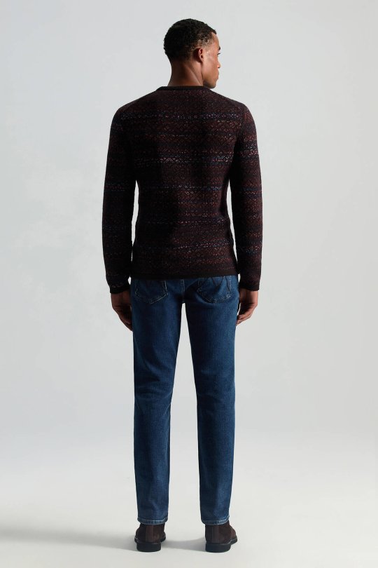 Merino Yün Etnik Desen Bisiklet Yaka Koyu Kahverengi Kazak