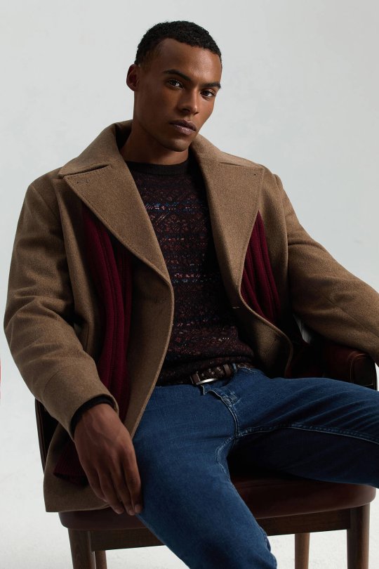 Merino Yün Etnik Desen Bisiklet Yaka Koyu Kahverengi Kazak