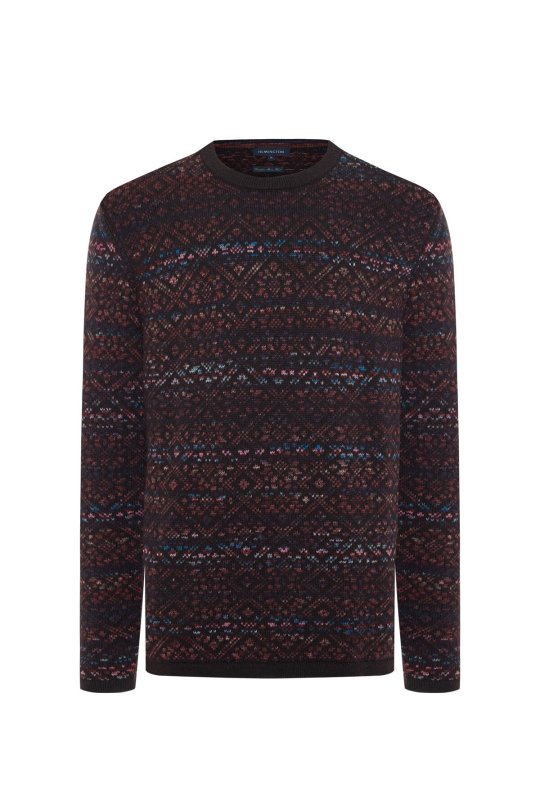 Merino Yün Etnik Desen Bisiklet Yaka Koyu Kahverengi Kazak