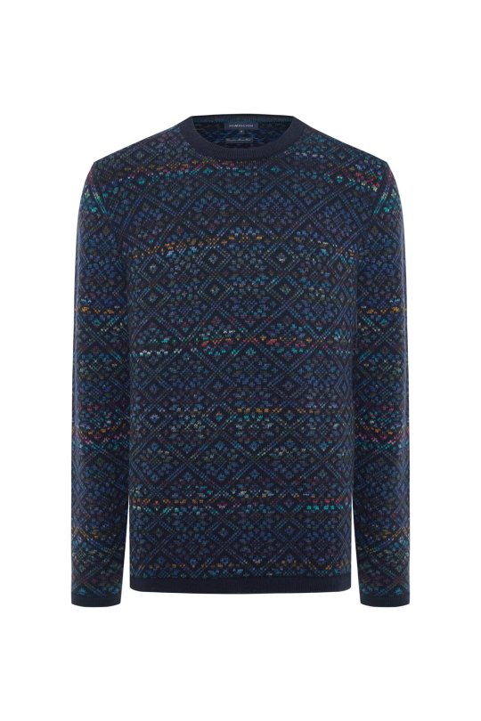 Merino Yün Etnik Desen Bisiklet Yaka Lacivert Kazak