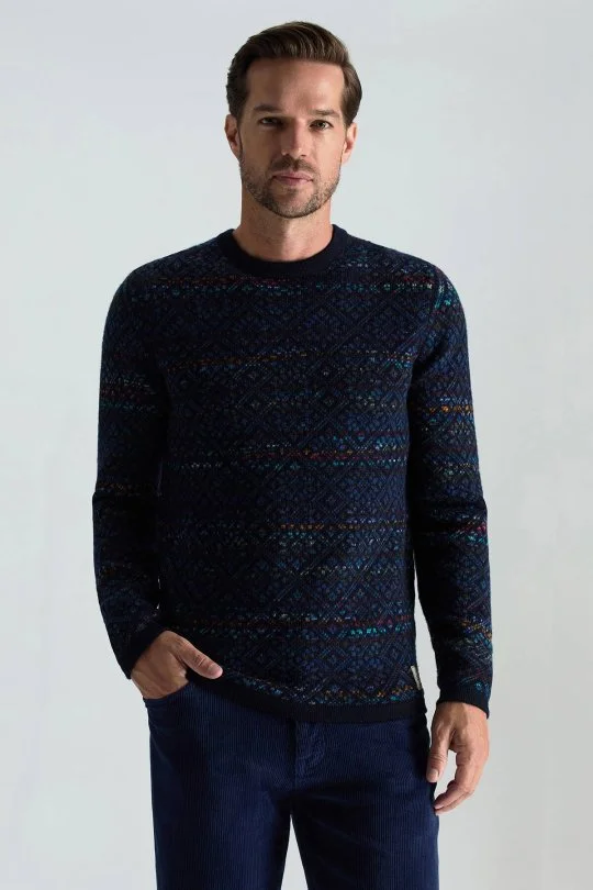 Hemington - Merino Yün Etnik Desen Bisiklet Yaka Lacivert Kazak