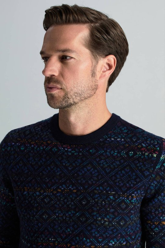 Merino Yün Etnik Desen Bisiklet Yaka Lacivert Kazak