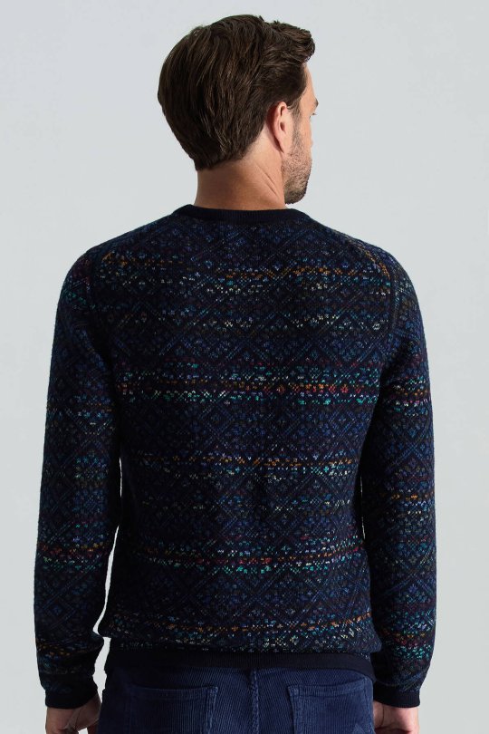 Merino Yün Etnik Desen Bisiklet Yaka Lacivert Kazak