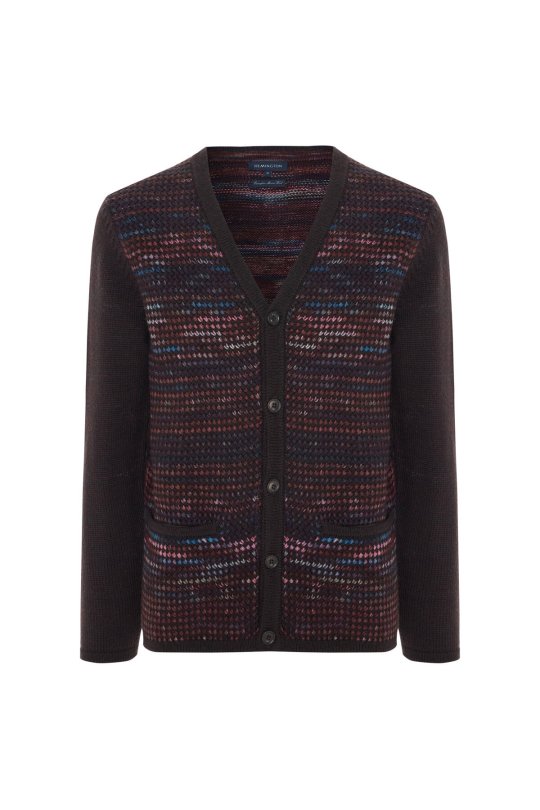 Merino Yün Etnik Desen Düğmeli Koyu Kahverengi Hırka