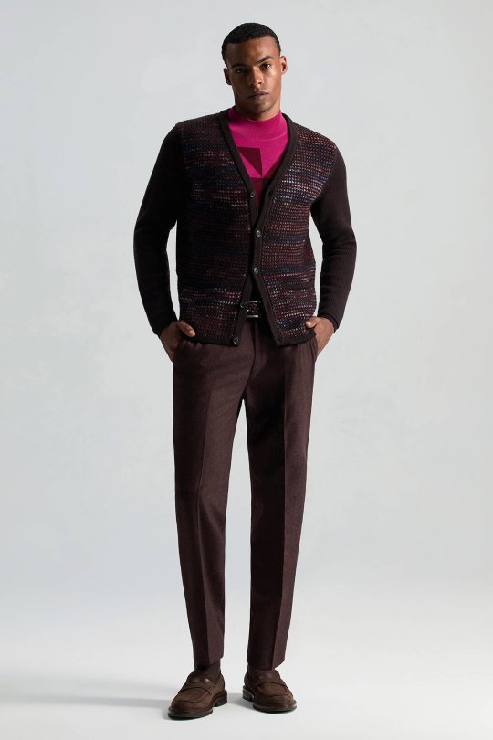 Merino Yün Etnik Desen Düğmeli Koyu Kahverengi Hırka