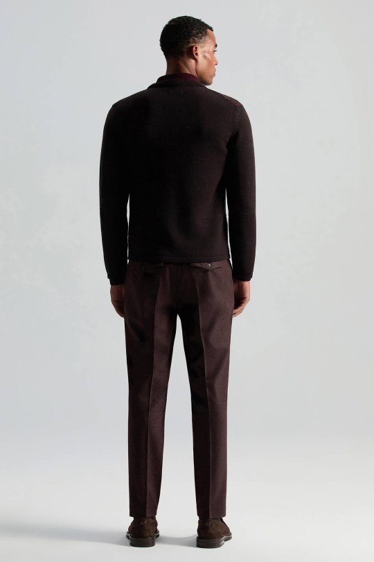 Merino Yün Etnik Desen Düğmeli Koyu Kahverengi Hırka