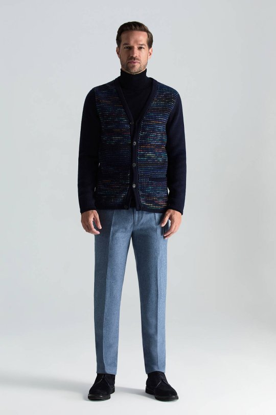 Merino Yün Etnik Desen Düğmeli Lacivert Hırka