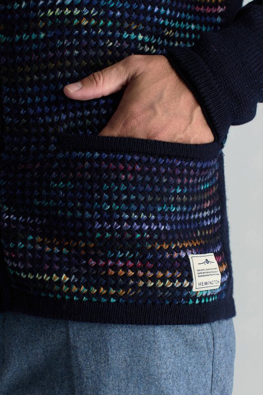 Merino Yün Etnik Desen Düğmeli Lacivert Hırka