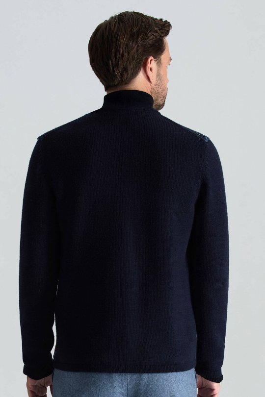 Merino Yün Etnik Desen Düğmeli Lacivert Hırka