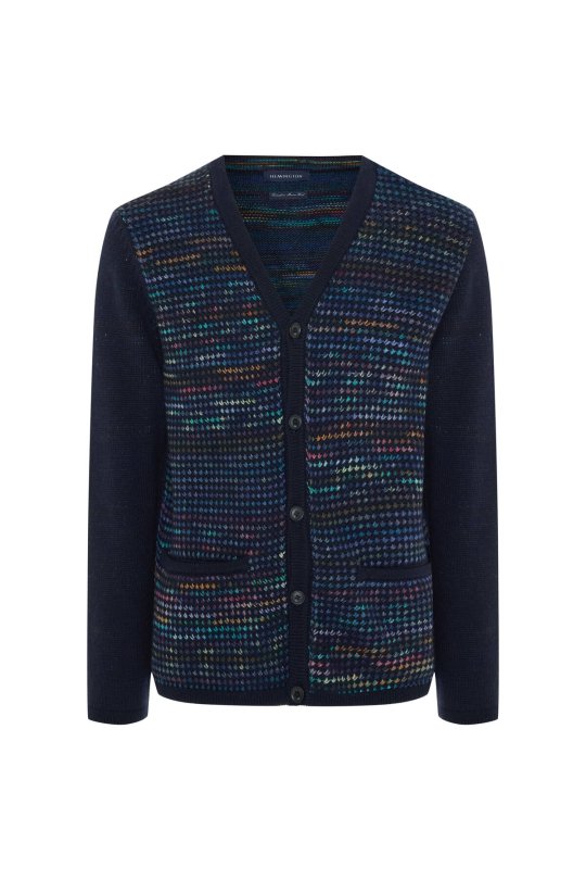 Merino Yün Etnik Desen Düğmeli Lacivert Hırka