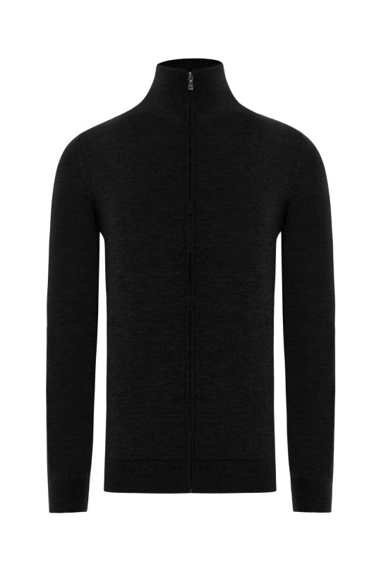 Extrafine Merino Fermuarlı Siyah Triko Hırka