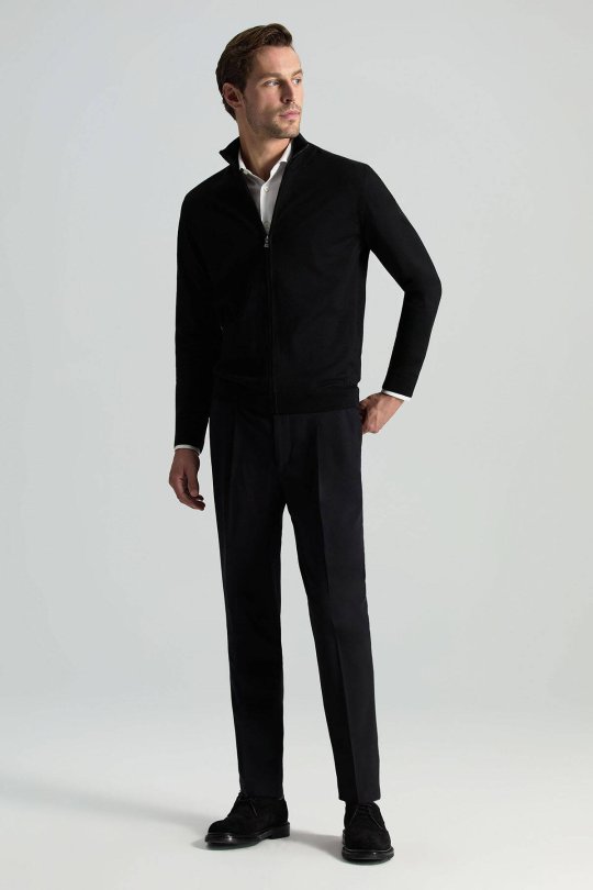 Extrafine Merino Fermuarlı Siyah Triko Hırka