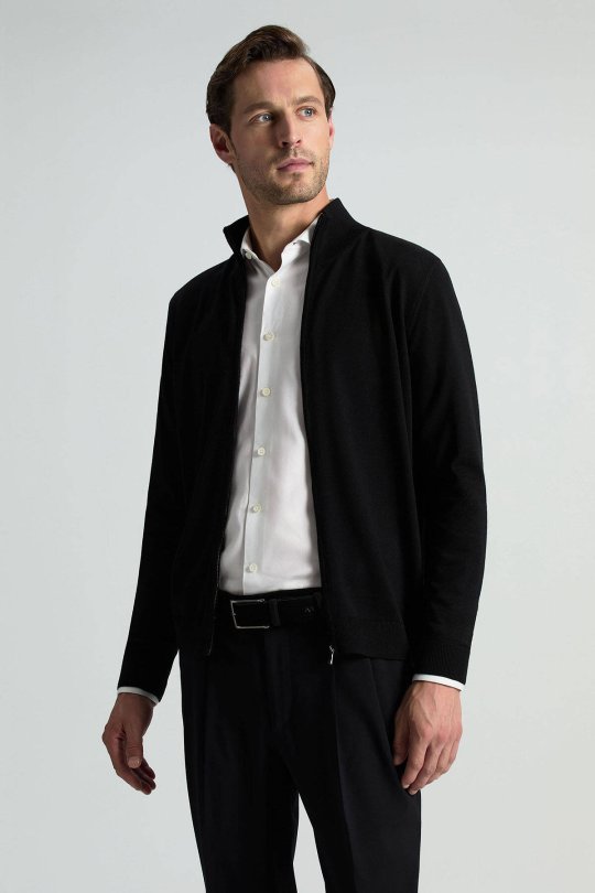 Extrafine Merino Fermuarlı Siyah Triko Hırka