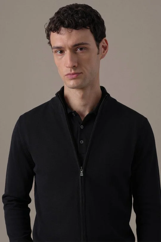 Extrafine Merino Fermuarlı Siyah Triko Hırka