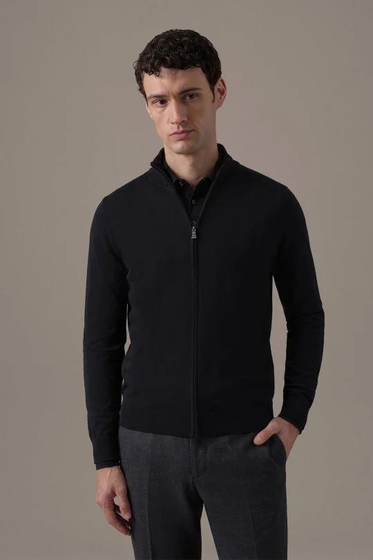 Extrafine Merino Fermuarlı Siyah Triko Hırka