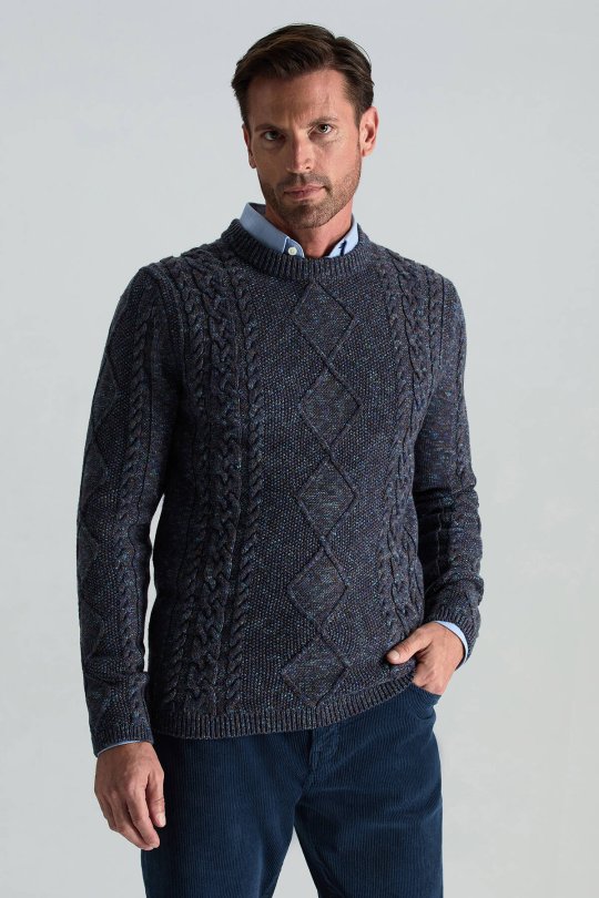 Merino Yün-İpek Karışım Aran Örgü Desen Bisiklet Yaka Lacivert Kazak