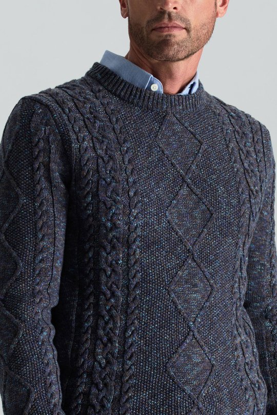 Merino Yün-İpek Karışım Aran Örgü Desen Bisiklet Yaka Lacivert Kazak