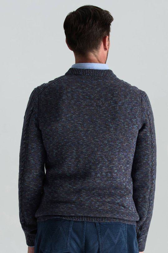 Merino Yün-İpek Karışım Aran Örgü Desen Bisiklet Yaka Lacivert Kazak