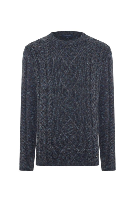 Merino Yün-İpek Karışım Aran Örgü Desen Bisiklet Yaka Lacivert Kazak