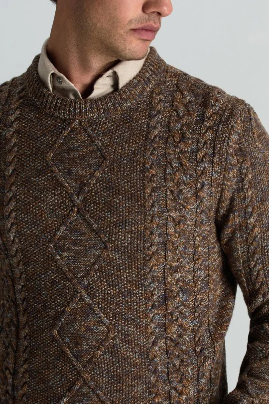 Hemington - Merino Yün-İpek Karışım Aran Örgü Desen Bisiklet Yaka Tütün Rengi Kazak (4)