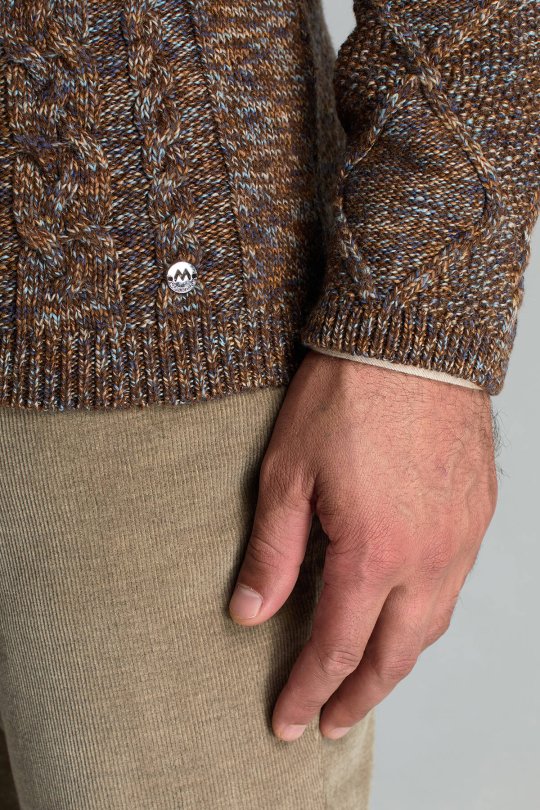 Merino Yün-İpek Karışım Aran Örgü Desen Bisiklet Yaka Tütün Rengi Kazak