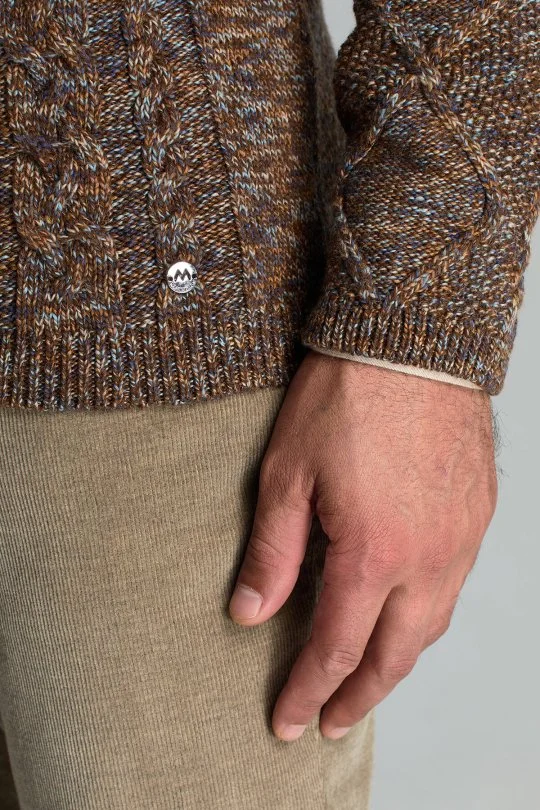 Hemington - Merino Yün-İpek Karışım Aran Örgü Desen Bisiklet Yaka Tütün Rengi Kazak (5)