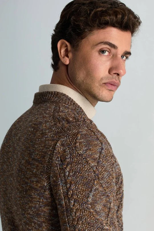 Hemington - Merino Yün-İpek Karışım Aran Örgü Desen Bisiklet Yaka Tütün Rengi Kazak (3)