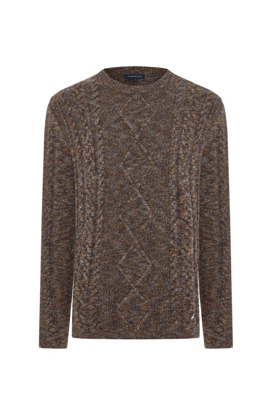 Merino Yün-İpek Karışım Aran Örgü Desen Bisiklet Yaka Tütün Rengi Kazak