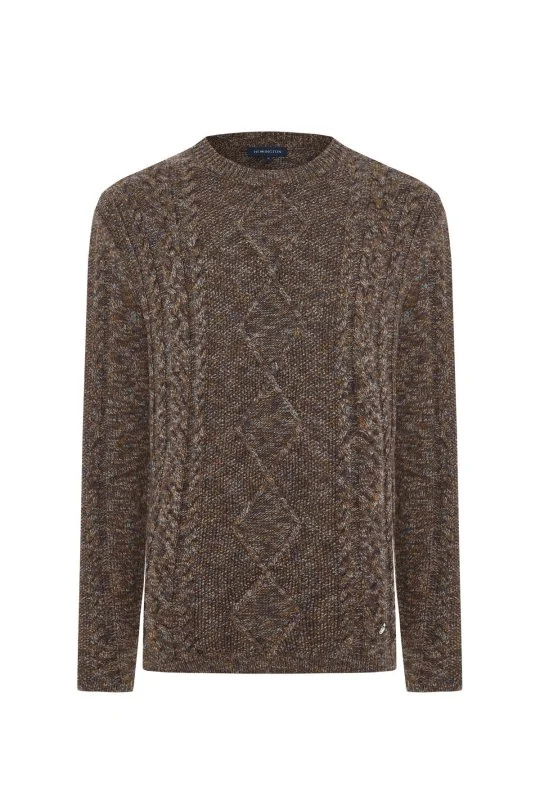 Hemington - Merino Yün-İpek Karışım Aran Örgü Desen Bisiklet Yaka Tütün Rengi Kazak (6)