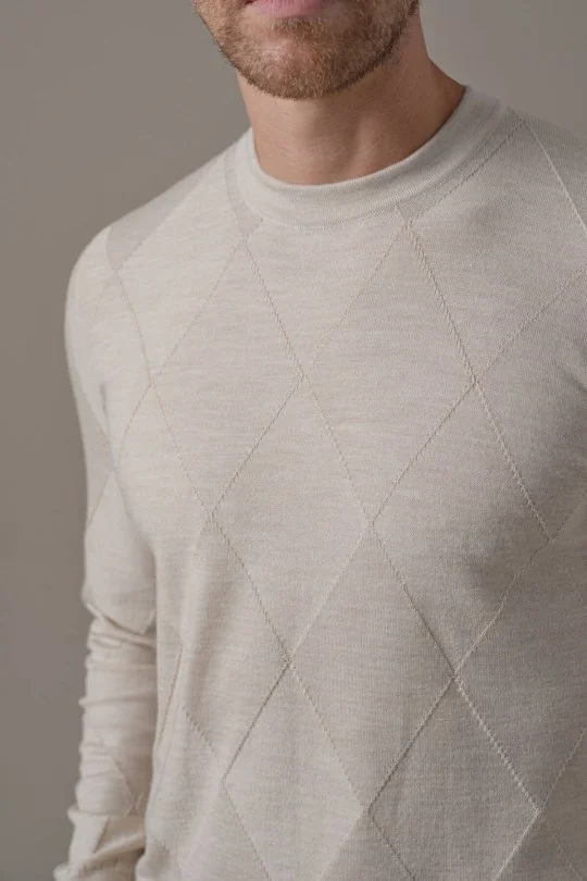 Hemington - Merino Yün İpek Karışım Bisiklet Yaka Argyle Desen Bej Triko (3)