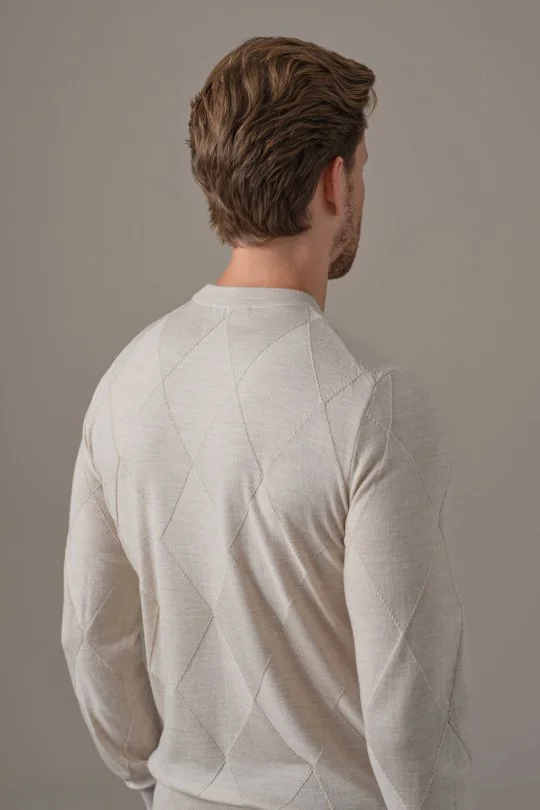 Hemington - Merino Yün İpek Karışım Bisiklet Yaka Argyle Desen Bej Triko (4)