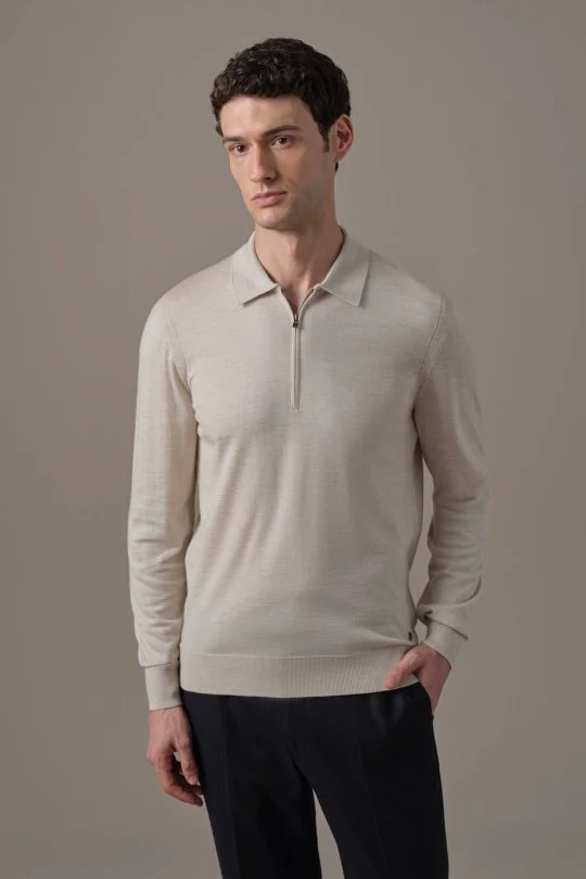 Hemington - Merino Yün İpek Karışım Fermuarlı Bej Polo Triko (1)