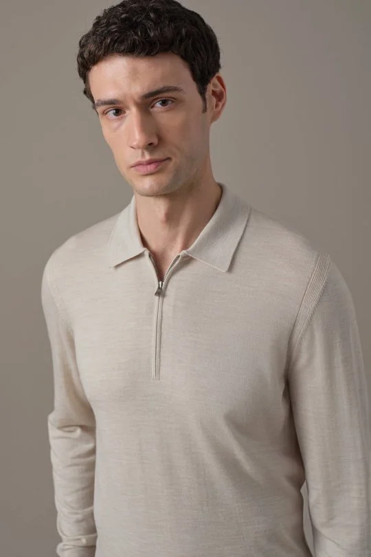 Hemington - Merino Yün İpek Karışım Fermuarlı Bej Polo Triko (3)